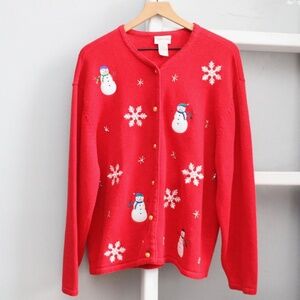 Crystal Kobe Vintage Red Snowmen Beaded Snowflake Christmas Cardigan Sweater XL